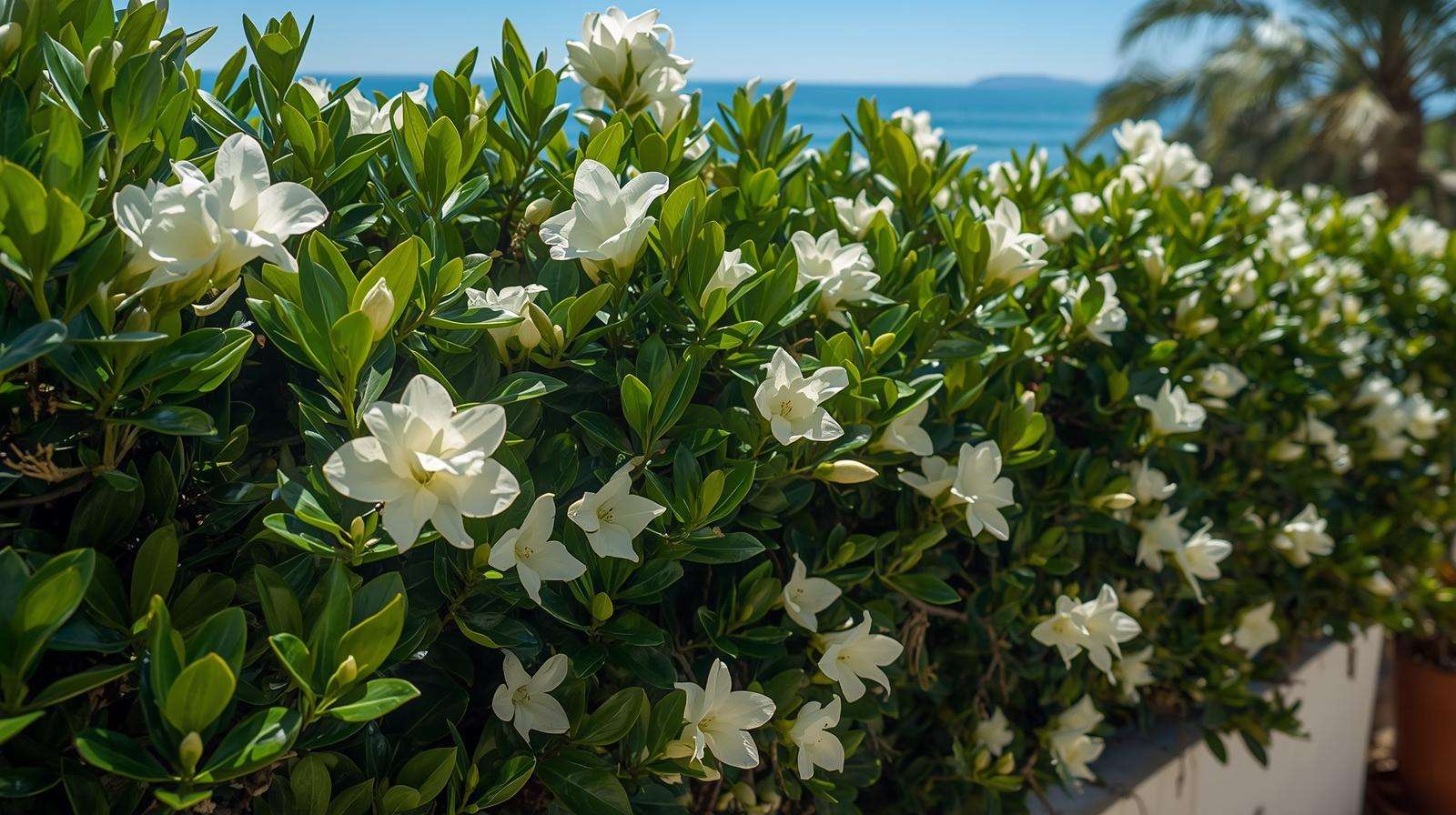Lush white oleander hedge with vibrant blooms along an Italian coastline, set against turquoise waves and a terracotta pot.