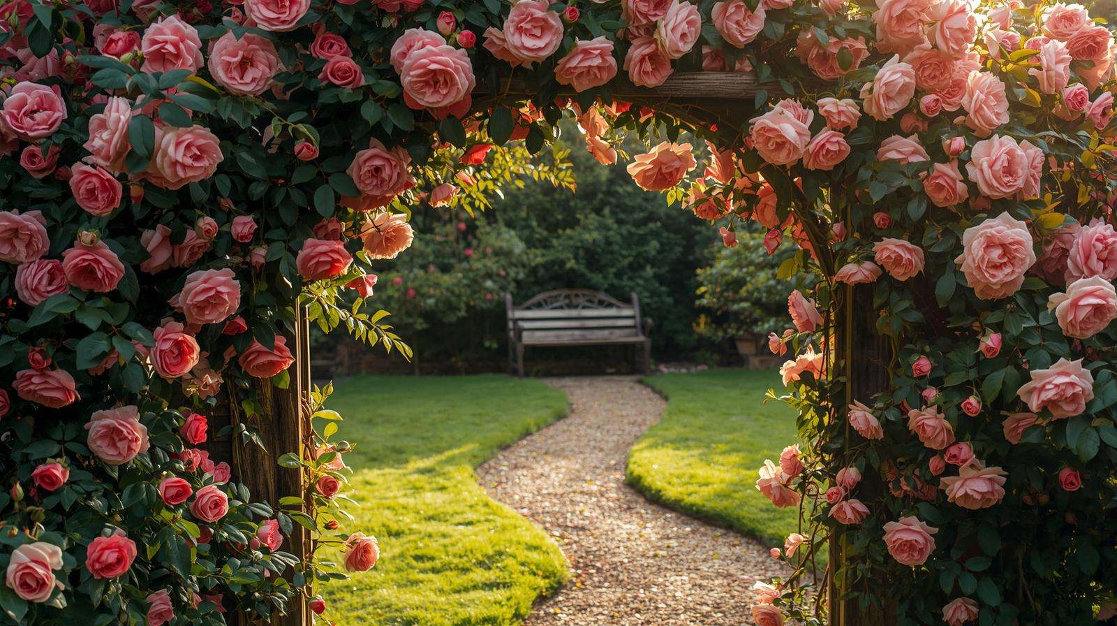 Soft pink Italian roses climb a rustic wooden archway in a lush garden, evoking romantic elegance under golden sunlight.