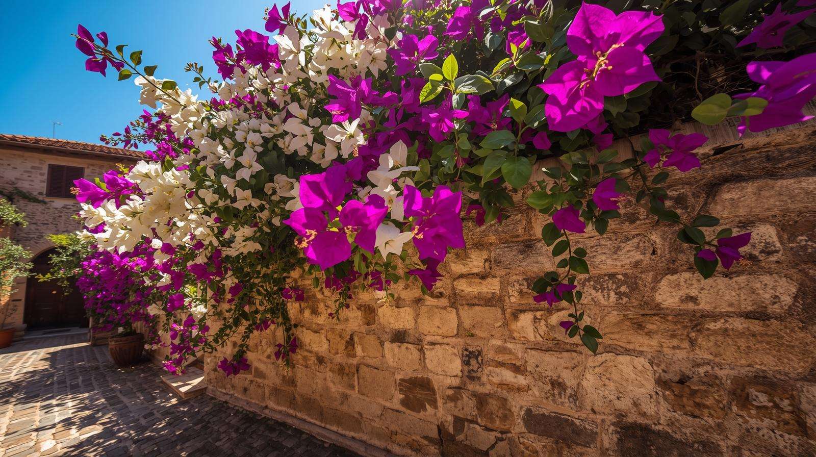Vibrant white and purple bougainvillea cascades over a stone villa wall under a sunny Mediterranean sky, with a cobblestone path.
