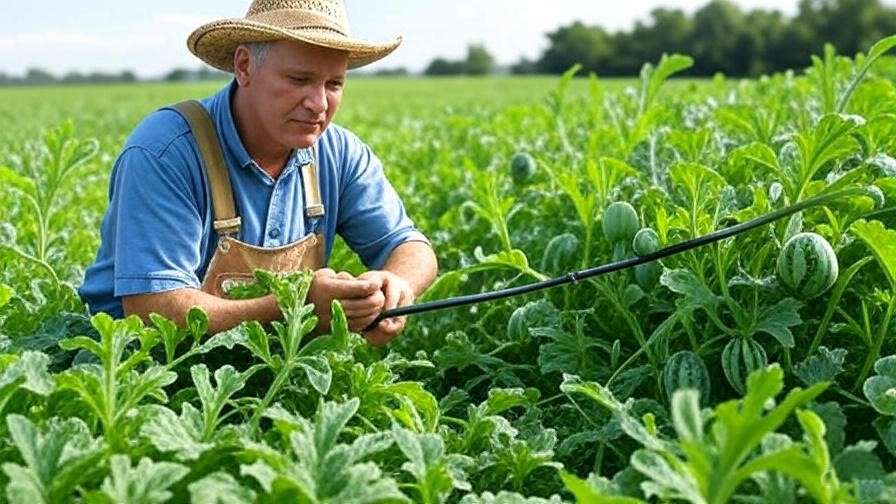Farmer using drip irrigation on lush watermelon vines with healthy leaves and small fruits in a bright farm setting