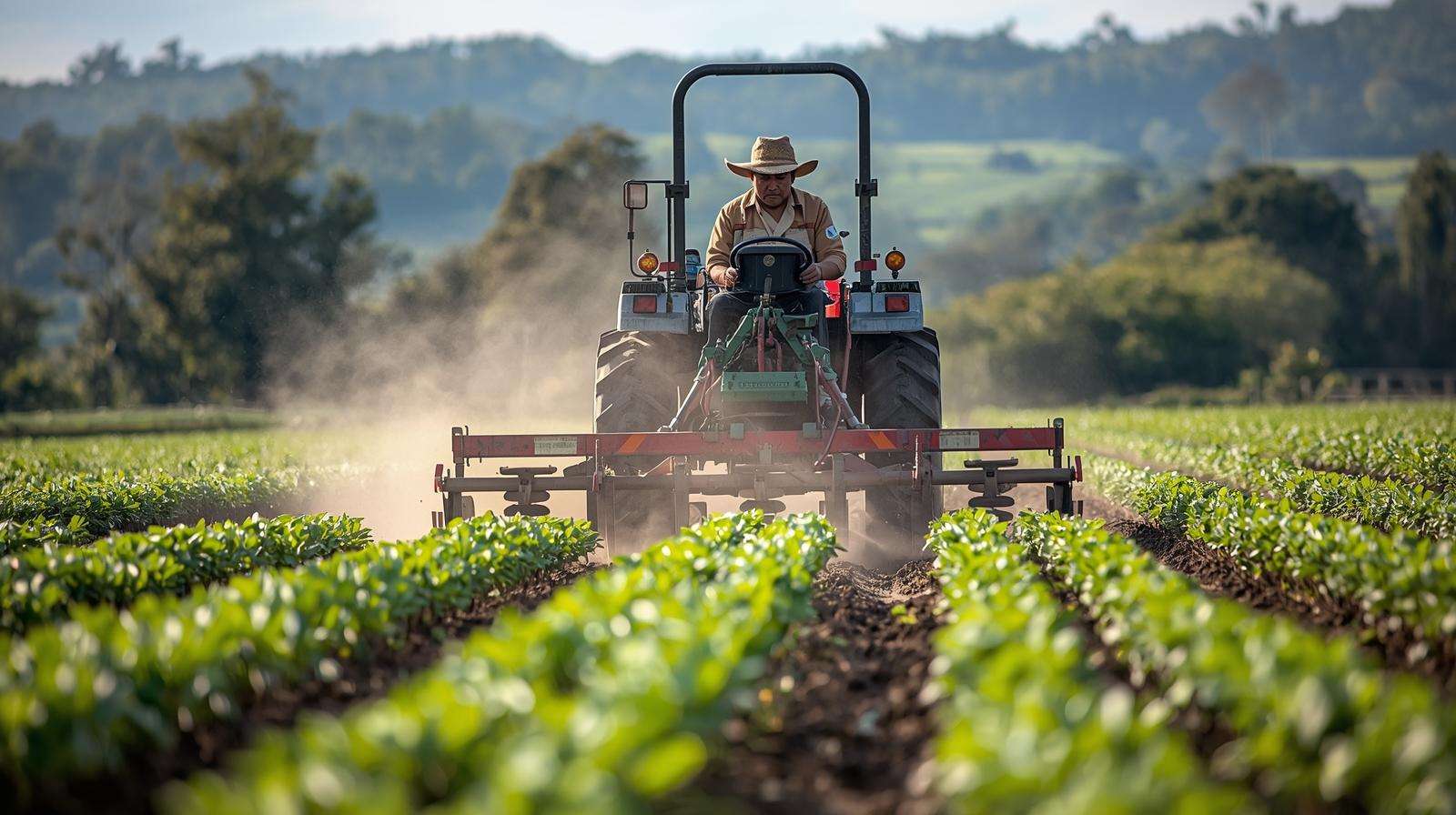 Farmer using a rotary hoe for weed control in an organic soybean field, showcasing sustainable practices.