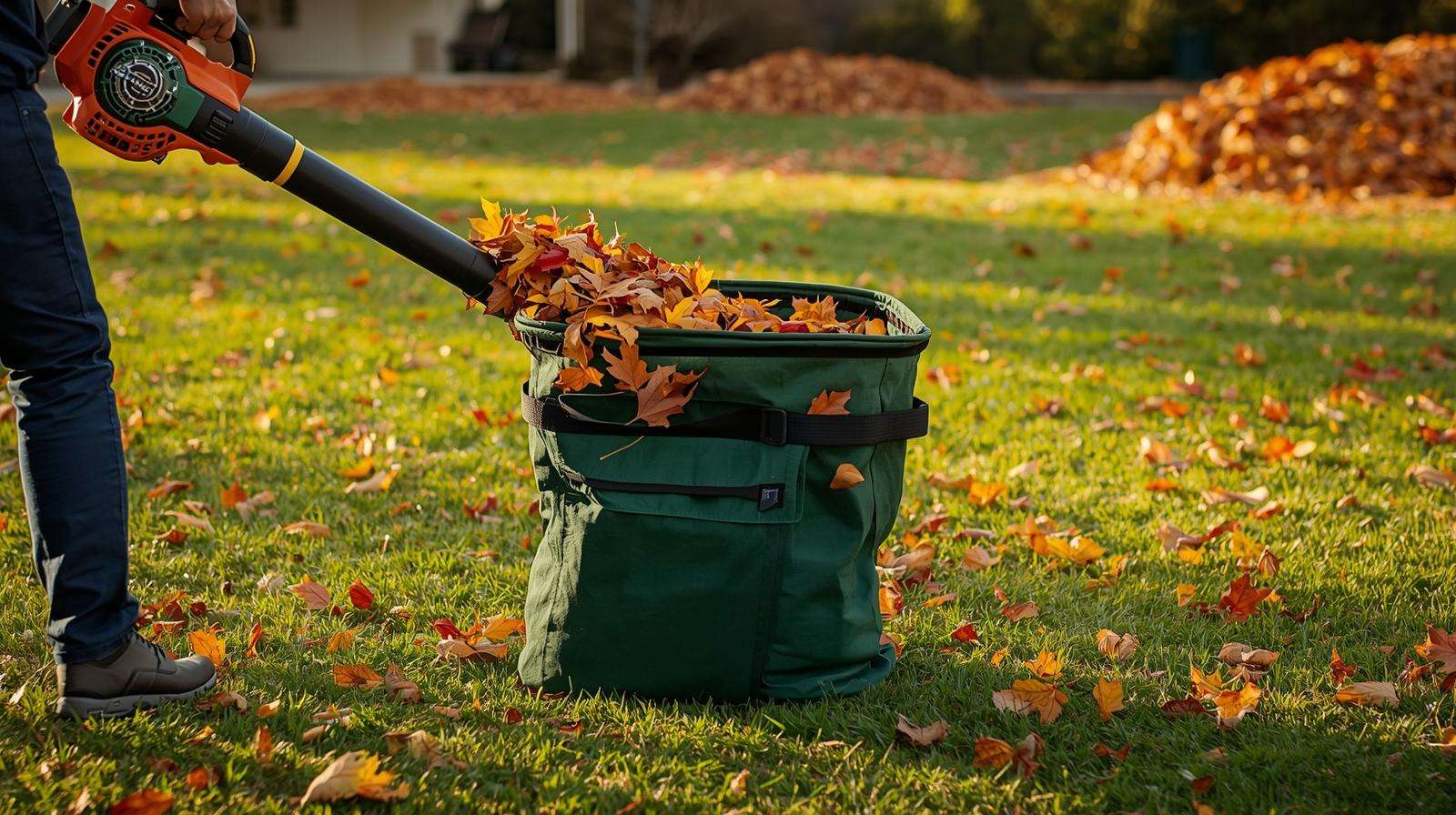 Gardener using a leaf blower to fill a self-standing lawn leaf bag with colorful autumn leaves in a backyard.