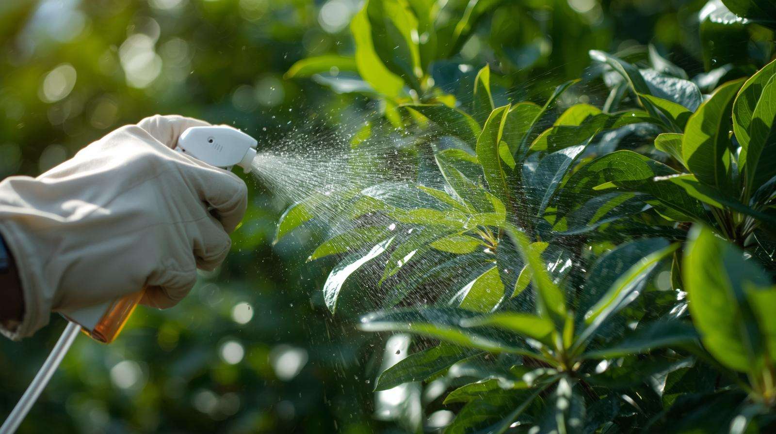Applying neem oil to lemon tree leaves for pest control, supporting health as long as the lemon trees grow.