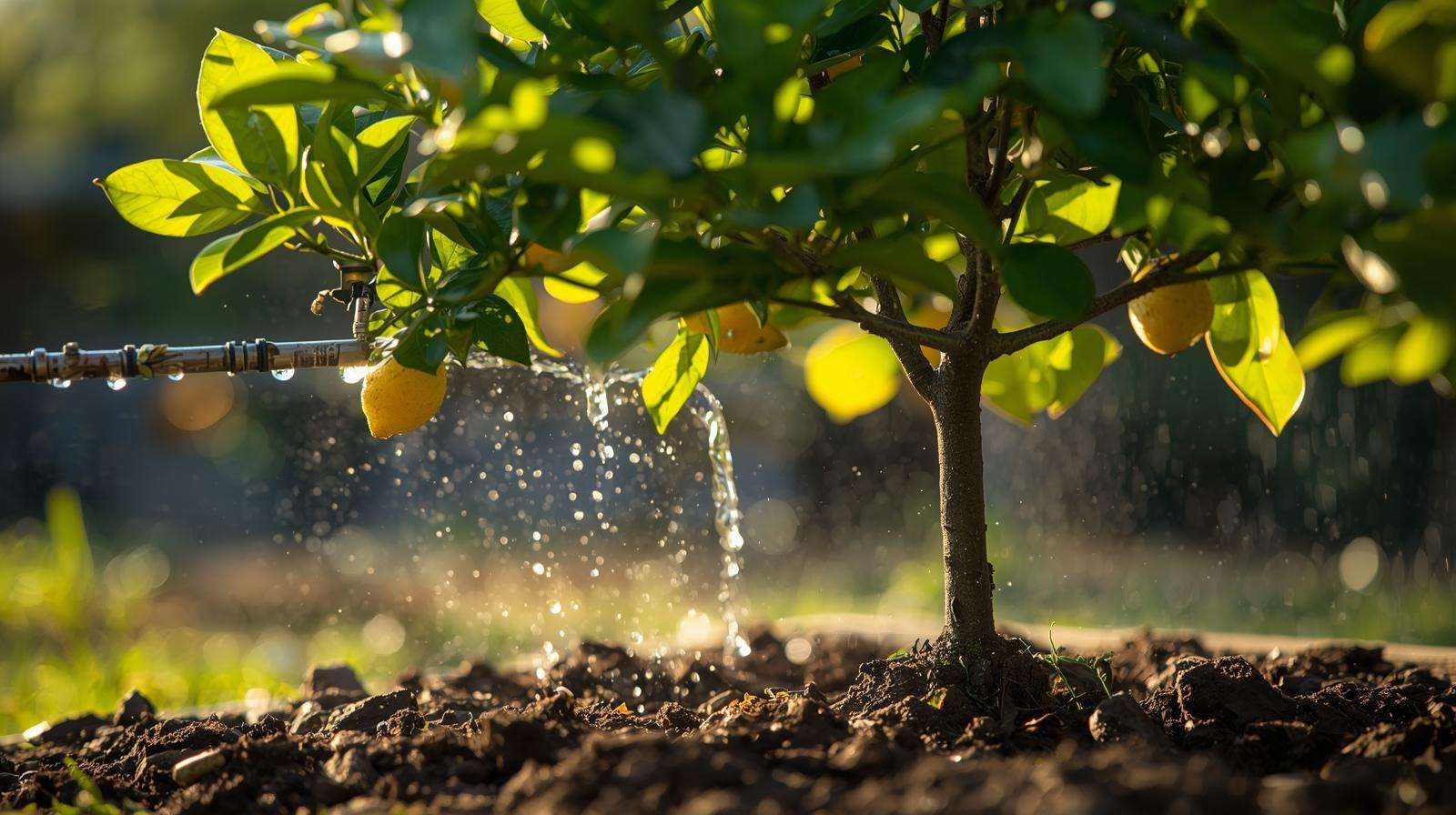 Drip irrigation watering a lemon tree, ensuring growth as long as the lemon trees grow.