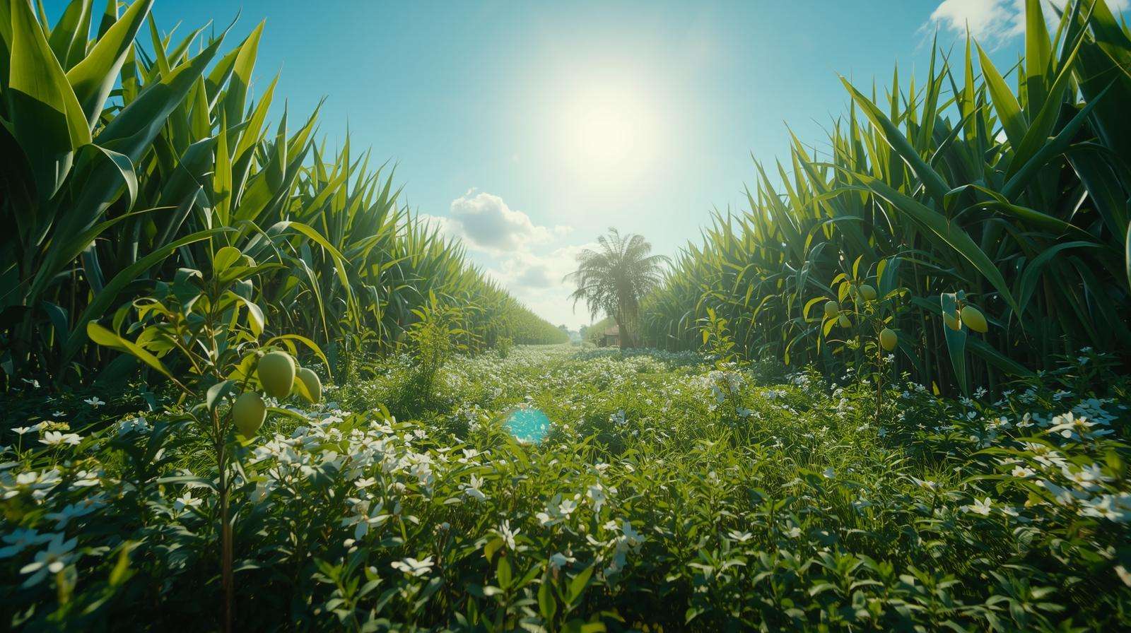 Biodiverse organic sugarcane farm with cover crops and fruit trees, supporting pollinators and sustainable brown sugar production.