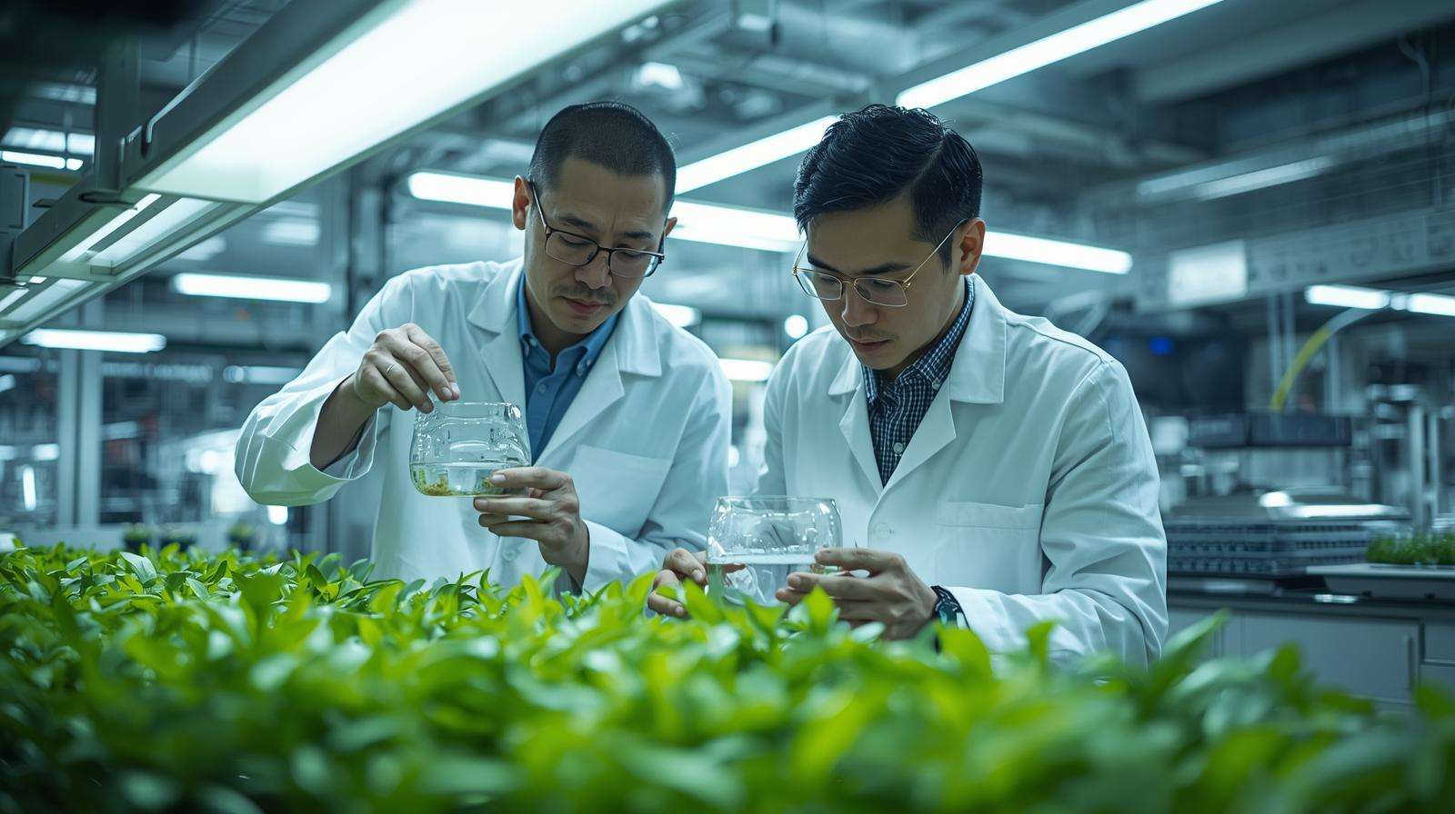 Scientists in a lab developing innovative organic plant food solutions for sustainable gardening.