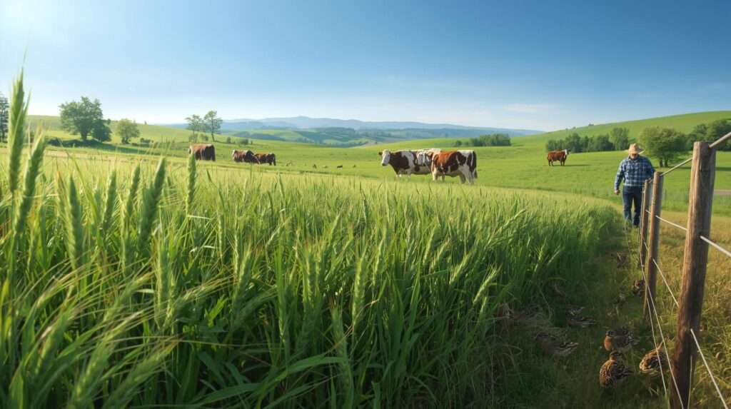A farm with lush brown top millet fields, grazing cattle, and quail, showcasing sustainable practices under a sunny sky.