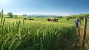 A farm with lush brown top millet fields, grazing cattle, and quail, showcasing sustainable practices under a sunny sky.