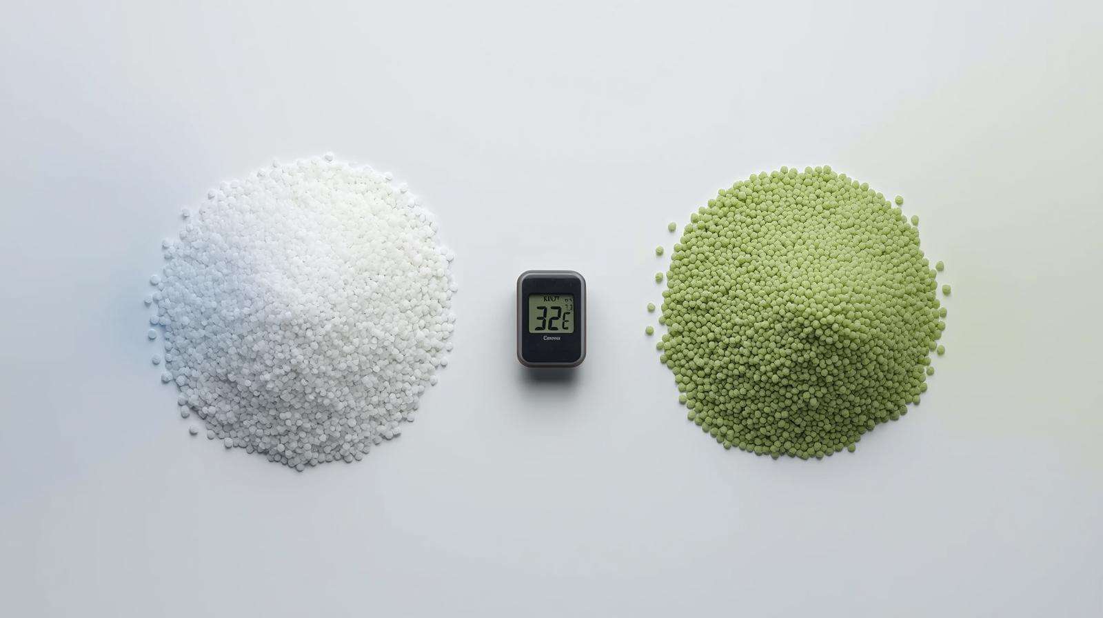 Plain vs NBPT-coated 46-0-0 fertilizer showing volatilization difference at high temperature