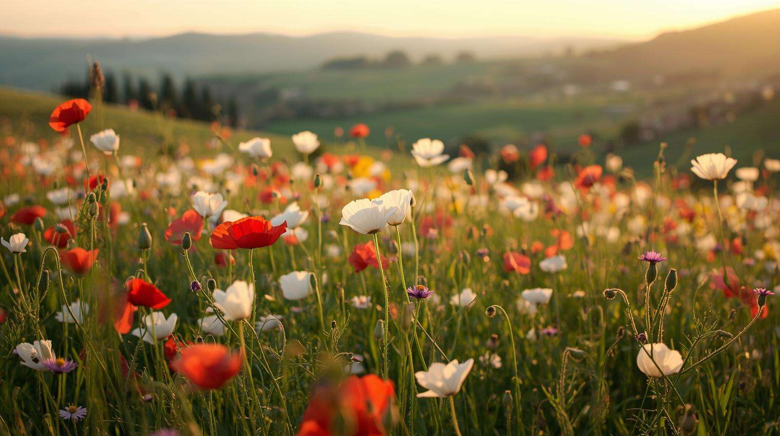 Vibrant white and red Italian poppies bloom in a Tuscan wildflower meadow with cosmos, set against rolling hills at sunset.