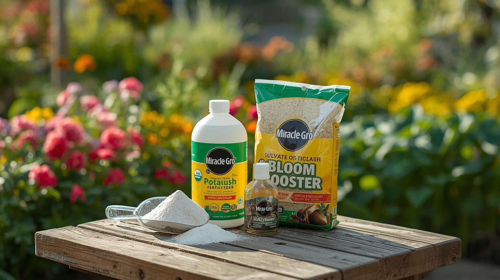 Display of fertilizer high potassium products on a garden table for vibrant blooms and plant growth.