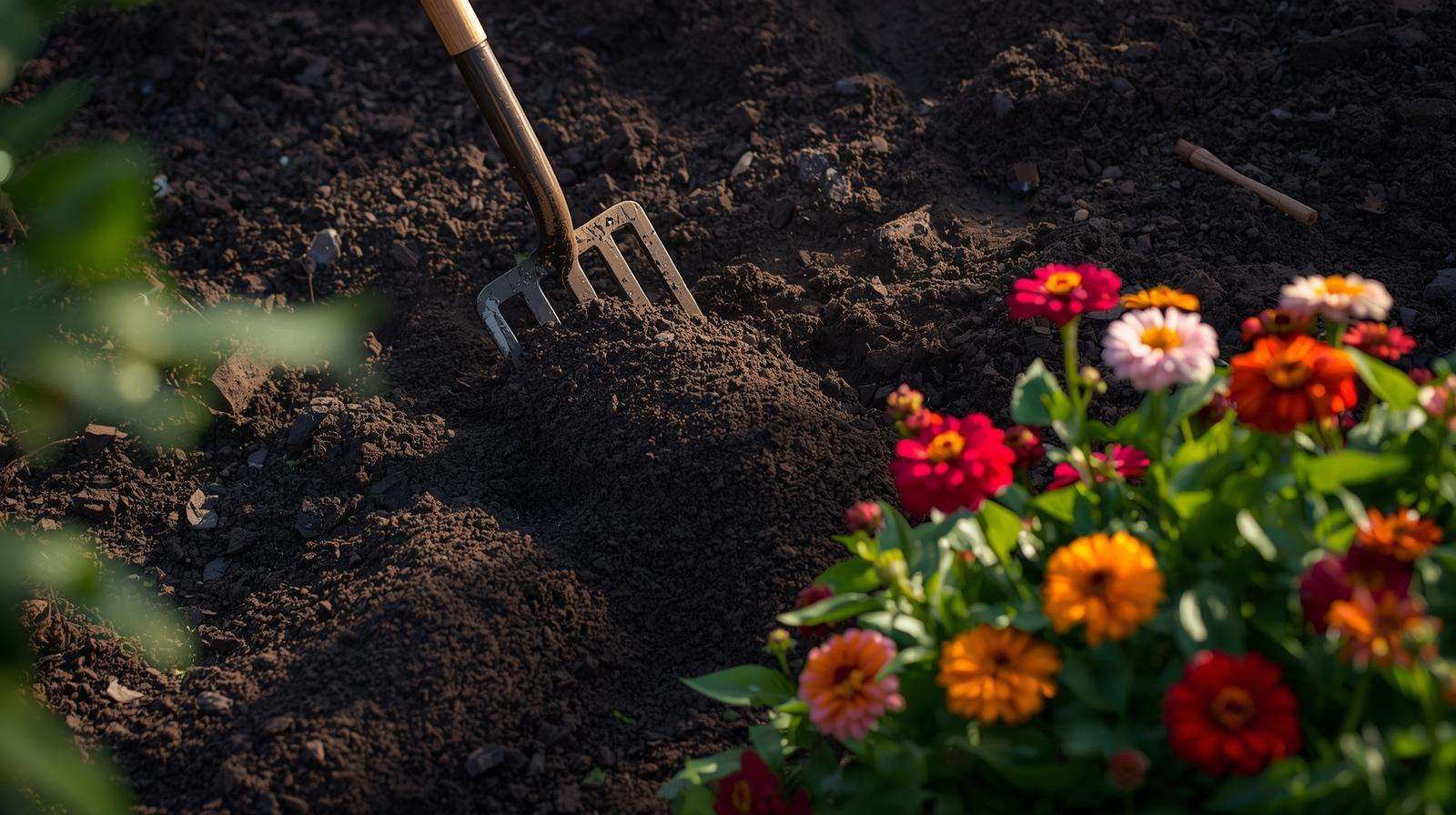 Gardener applying fork manure to a flower bed for nutrient-rich soil and vibrant plants.