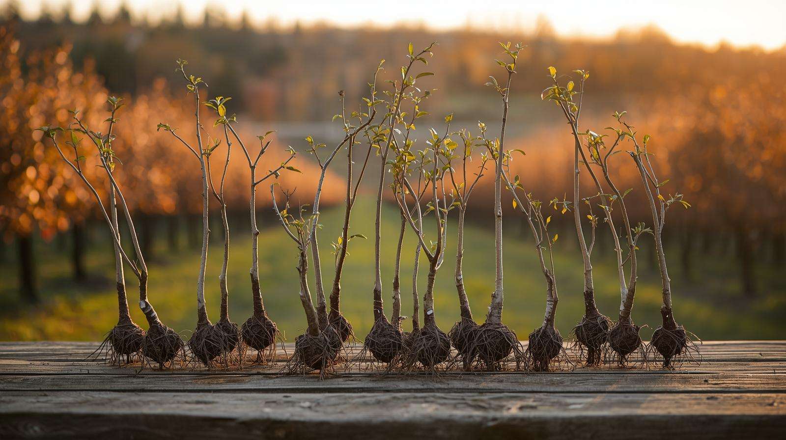 Assorted bare root fruit trees on a nursery table, highlighting dormant trees ready for planting.