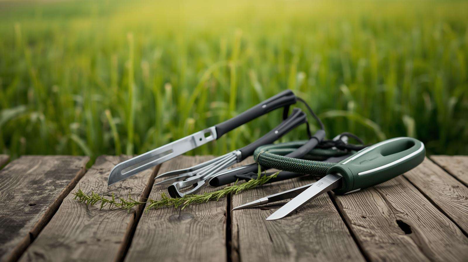 Organic farming tools for white rice cultivation, including hand weeder and seed planter, on a rustic background.