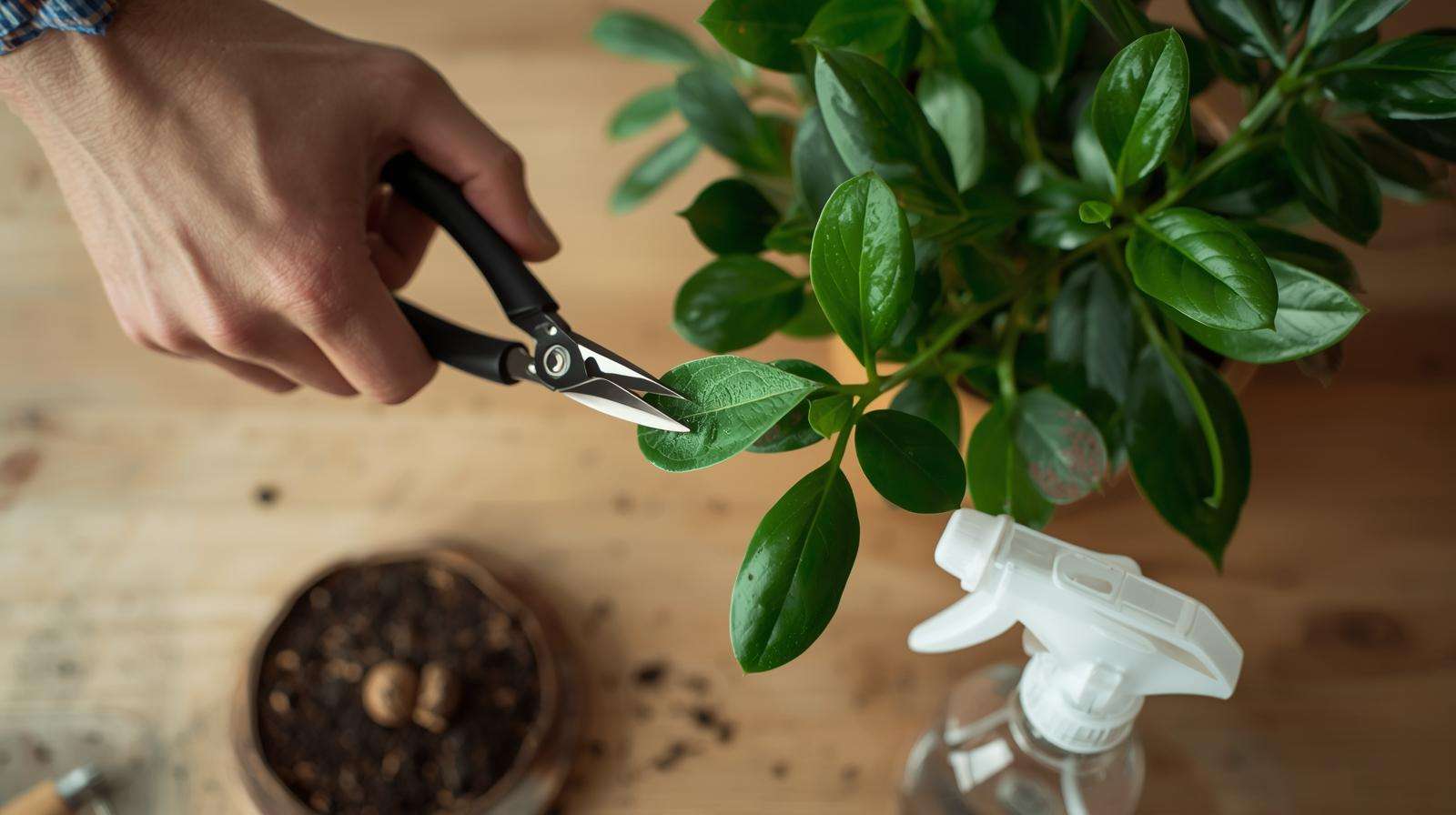 Gardener taking stem and leaf cuttings from a jade tree with shears for propagation.