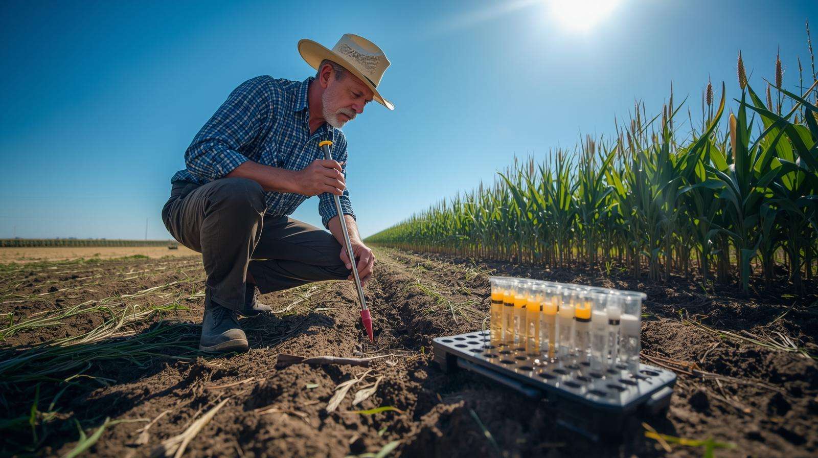 Farmer collecting soil samples with a probe in a healthy corn and wheat field for Fertilizer 12 application