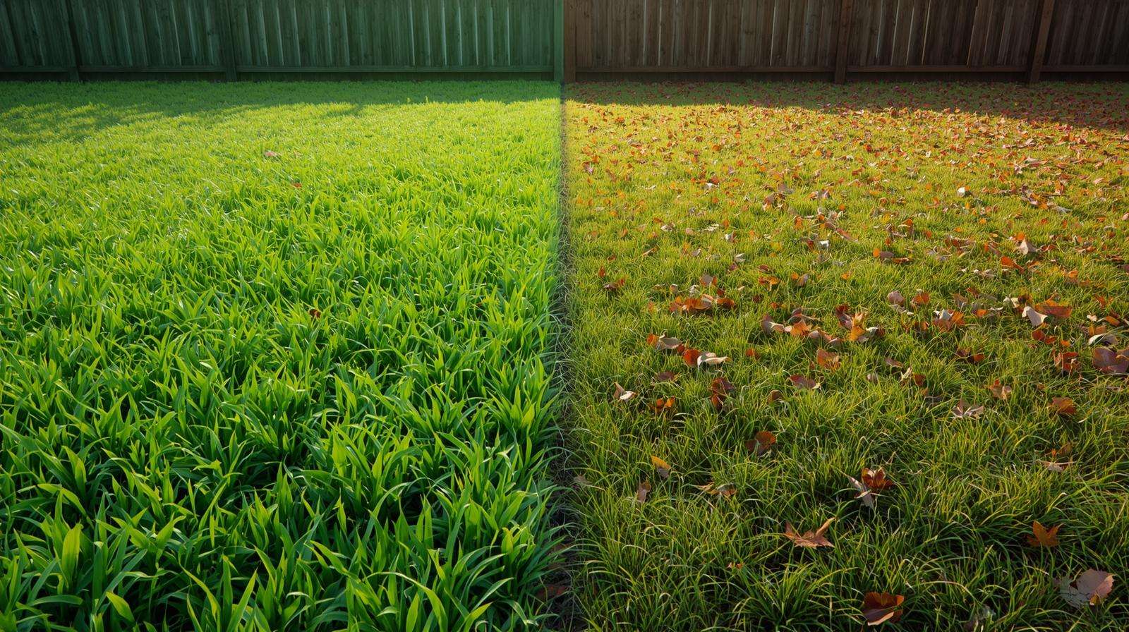 Lawn in four seasonal stages—spring, summer, fall, and winter—in a suburban yard, showcasing fertilizing cycles.
