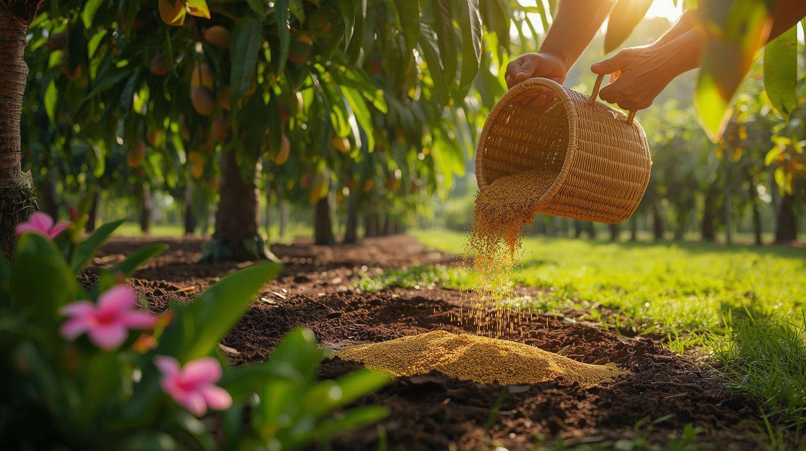 Applying granular fertilizer to a mango tree for effective mango fertilization and juicy fruit.