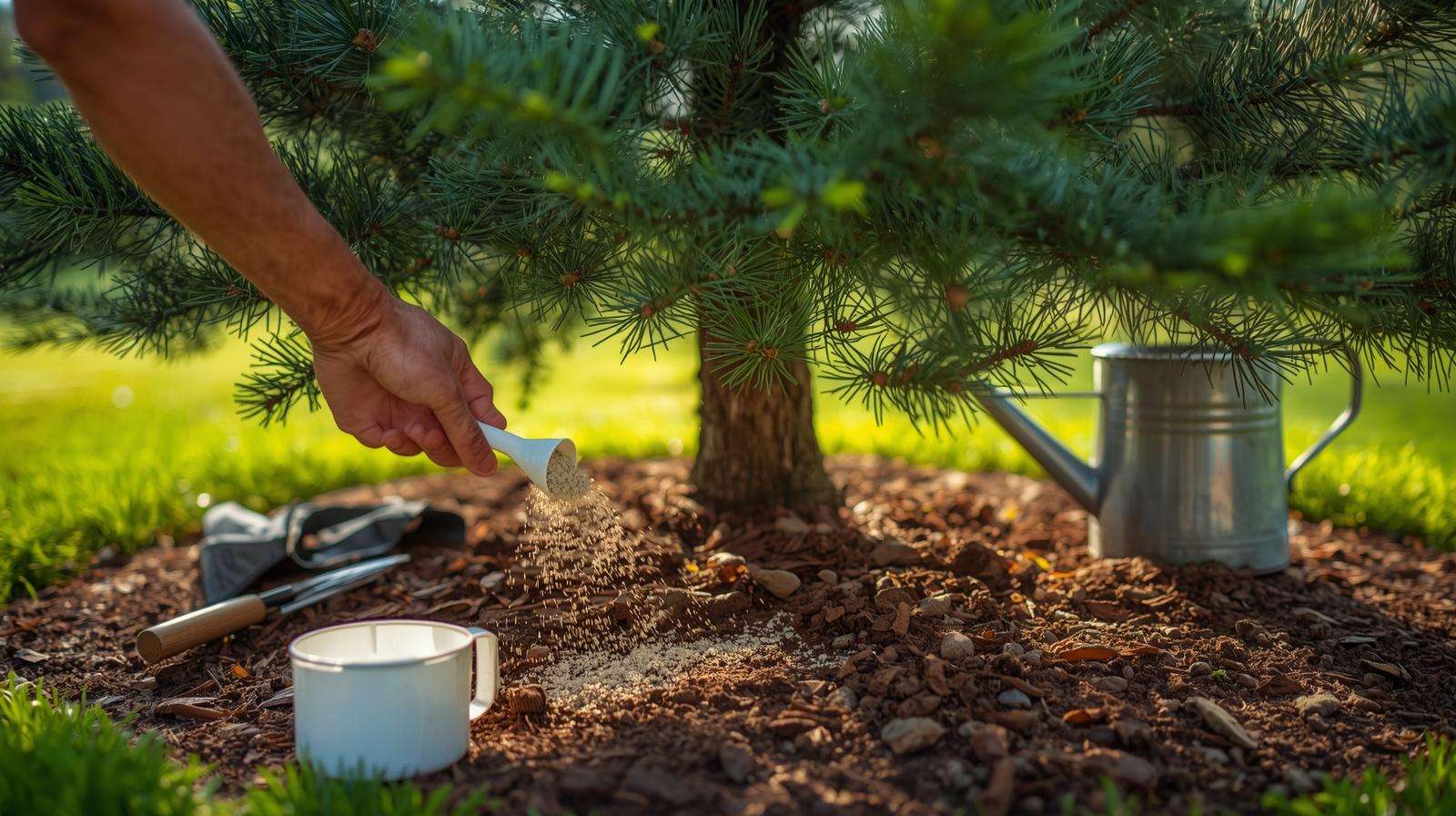Gardener applying granular pine tree fertilizer around a mature pine’s drip line in a sunny garden.