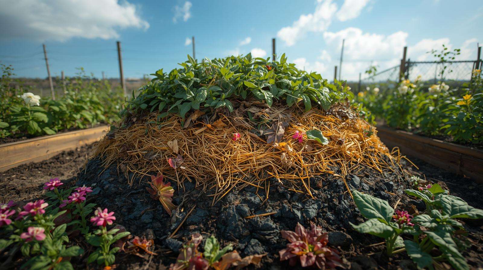Vibrant compost pile with organic materials in lush garden beds for sustainable soil management
