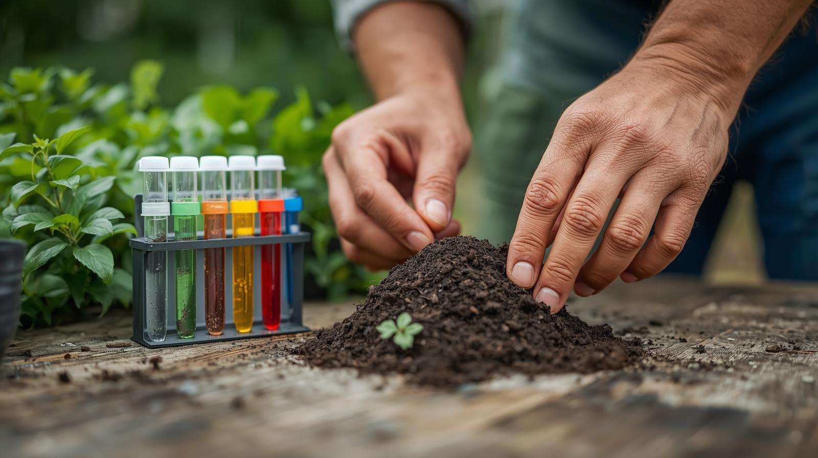 Close-up of soil test kit analyzing nutrient levels for optimal 15 15 15 fertilizer application in a garden.