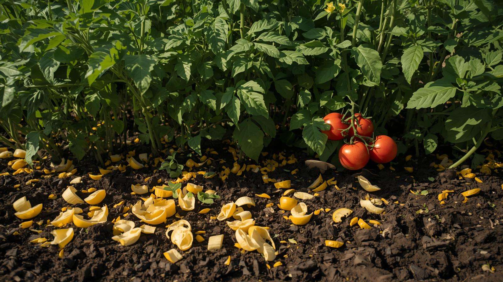 Banana peels used as organic plant food around tomato plants in a vibrant garden.