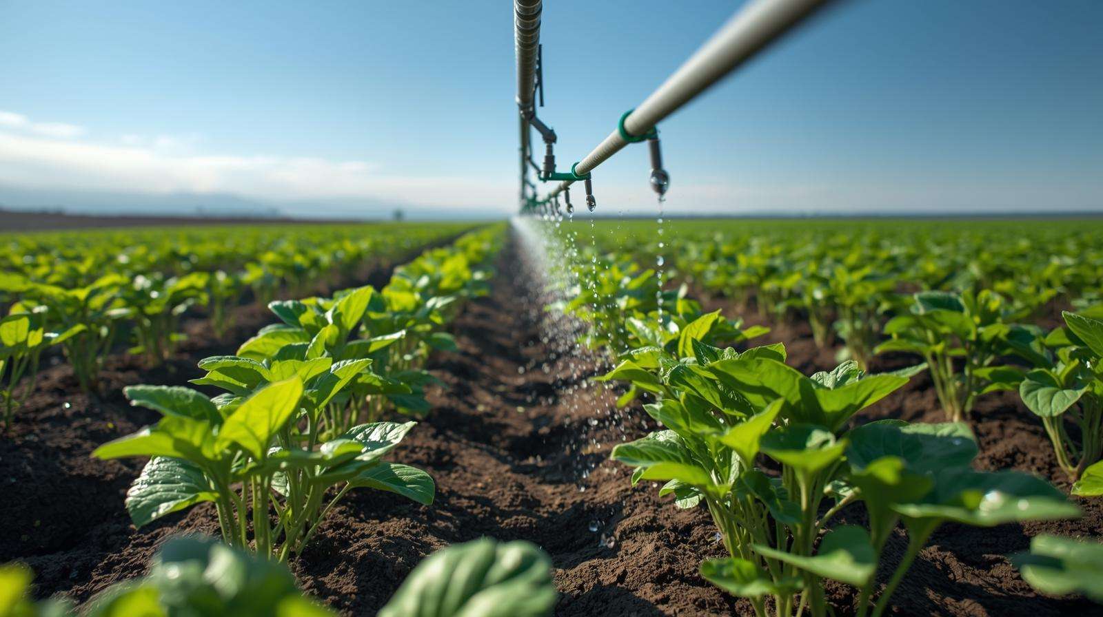 Drip irrigation system watering organic soybeans in a sustainable farming field.