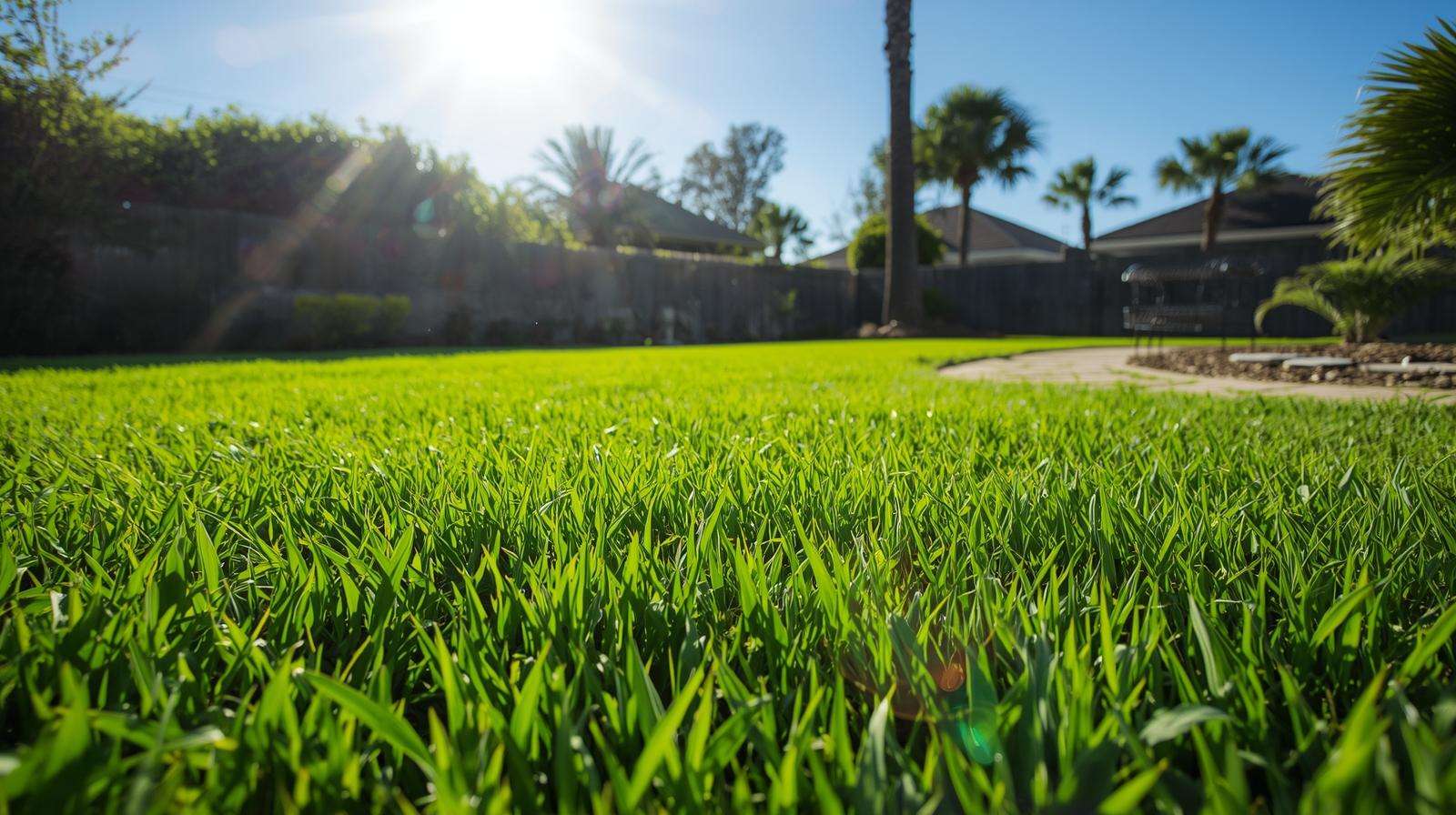 Vibrant Bermuda grass lawn in a sunny Southern backyard with a stone path and palm tree, highlighting warm-season grass.