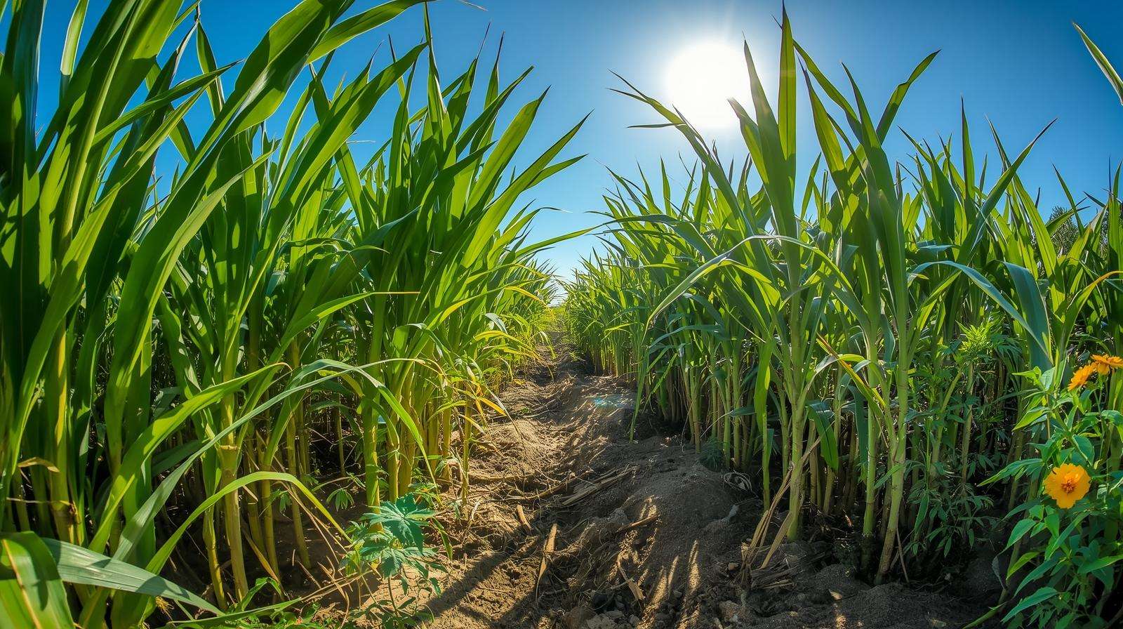 Lush organic sugarcane field with healthy soil and intercropped marigolds, showcasing sustainable farming for organic brown sugar.
