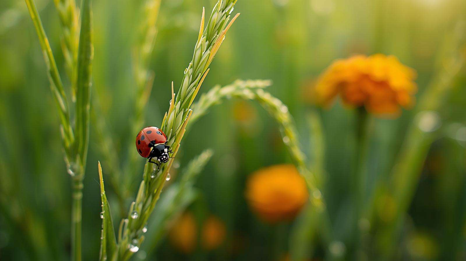 Ladybug on an organic white rice plant with marigolds, showcasing natural pest control methods.