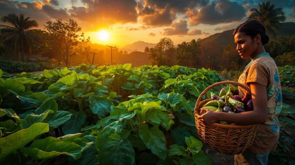 Farmer with a basket of callaloo, chayote, and eggplant in a lush Haitian garden under a tropical sunrise, highlighting vibrant Haitian vegetables.