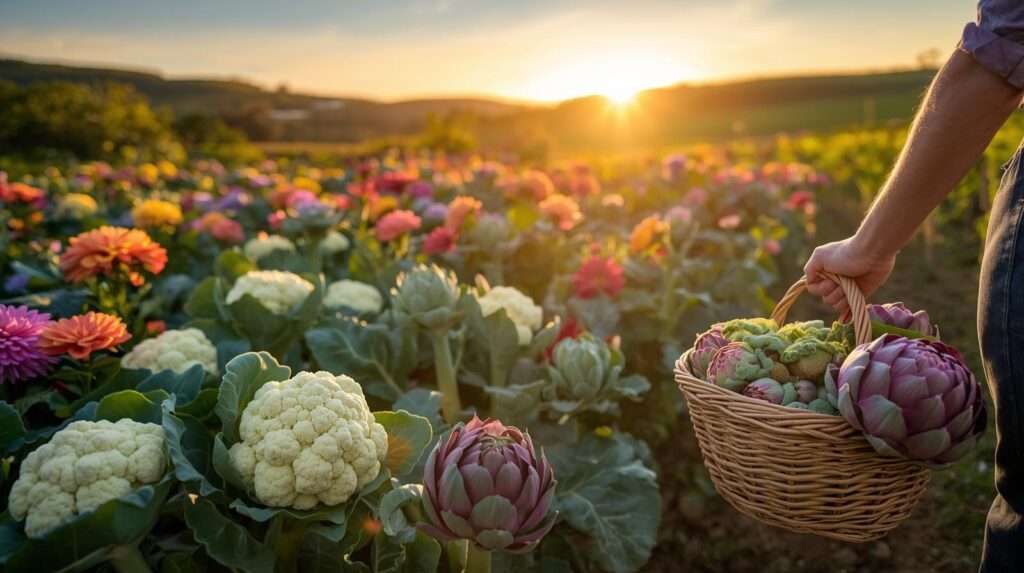Farmer with a basket of cauliflower, broccoli, and artichokes in a lush garden, highlighting vibrant flower vegetables under a golden sunrise.