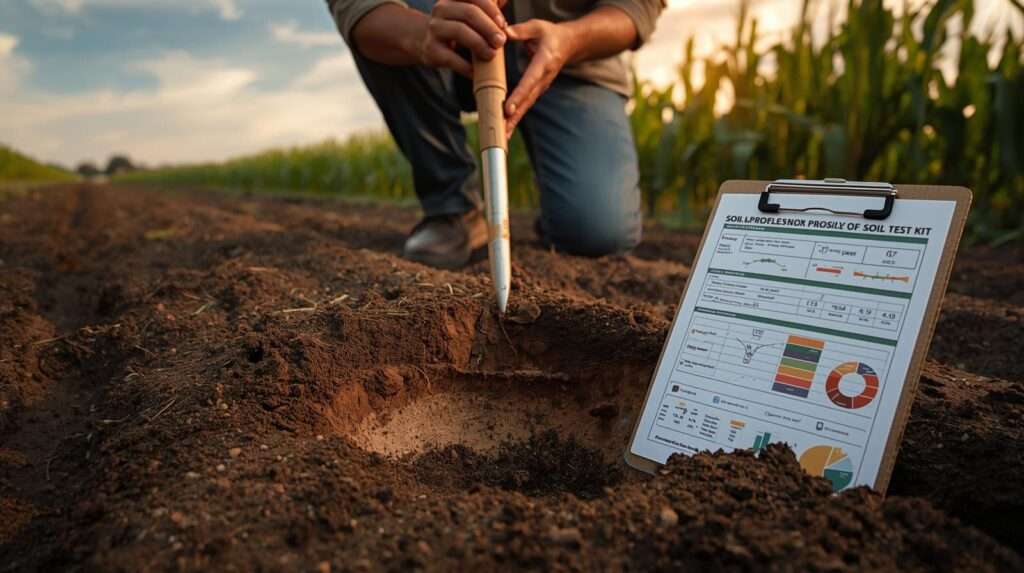 Farmer collecting a soil sample with an auger in a lush field, with a soil test kit and profile report in the foreground, showcasing soil profiling for better crop yields.