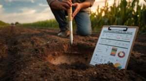 Farmer collecting a soil sample with an auger in a lush field, with a soil test kit and profile report in the foreground, showcasing soil profiling for better crop yields.