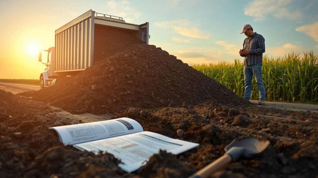 Farmer inspecting a pile of rich topsoil from a delivery truck in a vibrant field, with a soil test report and shovel nearby, showcasing top soil delivery for farm success.