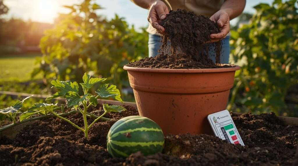 Gardener filling a pot with rich watermelon potting soil, with a seedling and soil test kit nearby, showcasing soil preparation for healthy watermelon growth.