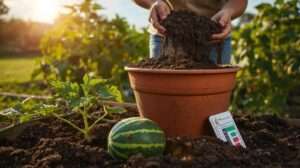 Gardener filling a pot with rich watermelon potting soil, with a seedling and soil test kit nearby, showcasing soil preparation for healthy watermelon growth.