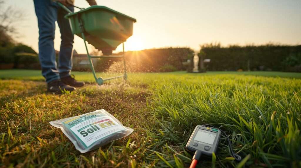 Gardener applying sulfur to a patchy lawn with a soil test kit and pH meter nearby, addressing soil that is too alkaline for grass.