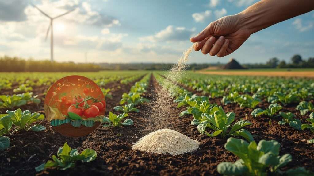 Vibrant farm field with a farmer applying organic resistant tapioca dextrin to healthy soil, showcasing sustainable agriculture and soil health.