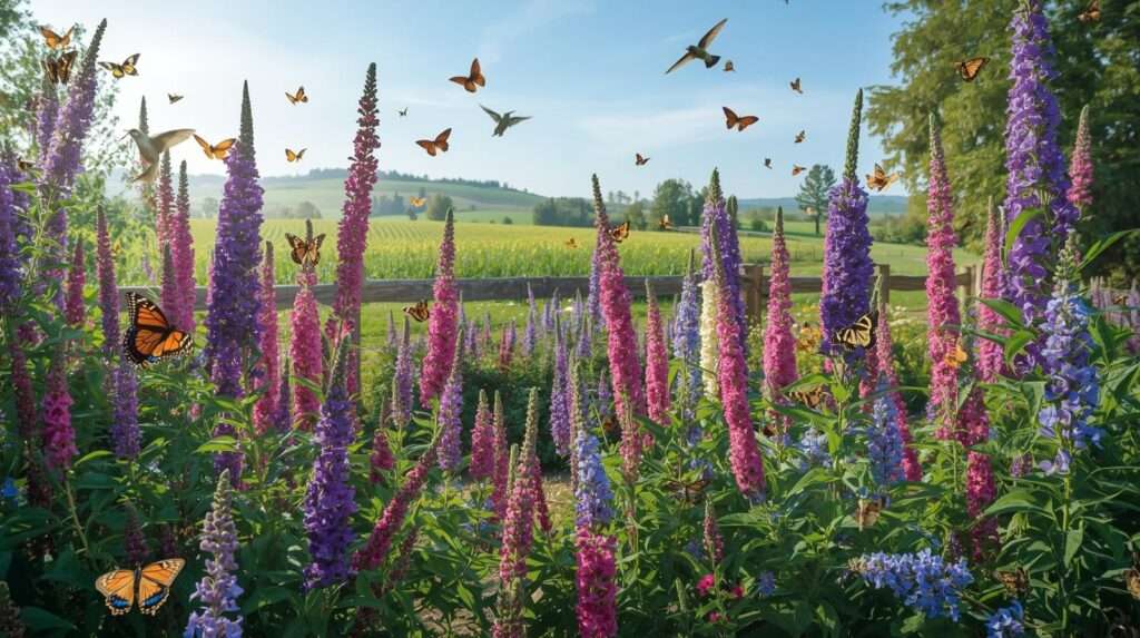 A farm garden with vibrant butterfly bush varieties in bloom, attracting butterflies, bees, and hummingbirds under a sunny sky.