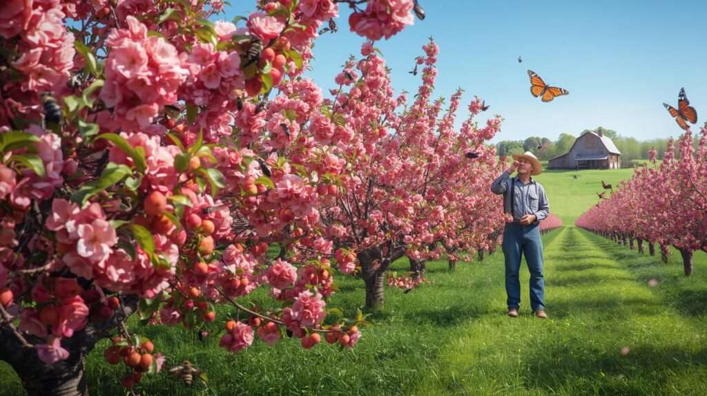 A farm orchard with flowering peach varieties in bloom, attracting pollinators, with a farmer and rustic barn in the background.