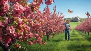 A farm orchard with flowering peach varieties in bloom, attracting pollinators, with a farmer and rustic barn in the background.