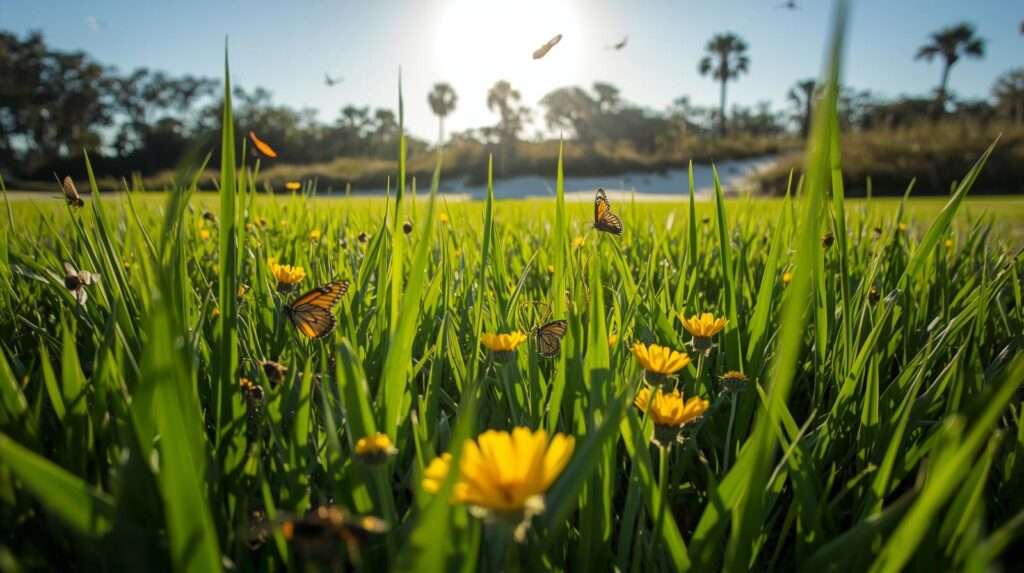 A lush St. Augustinegrass lawn with Florida grass varieties, attracting butterflies and bees with coreopsis under a sunny Florida sky.