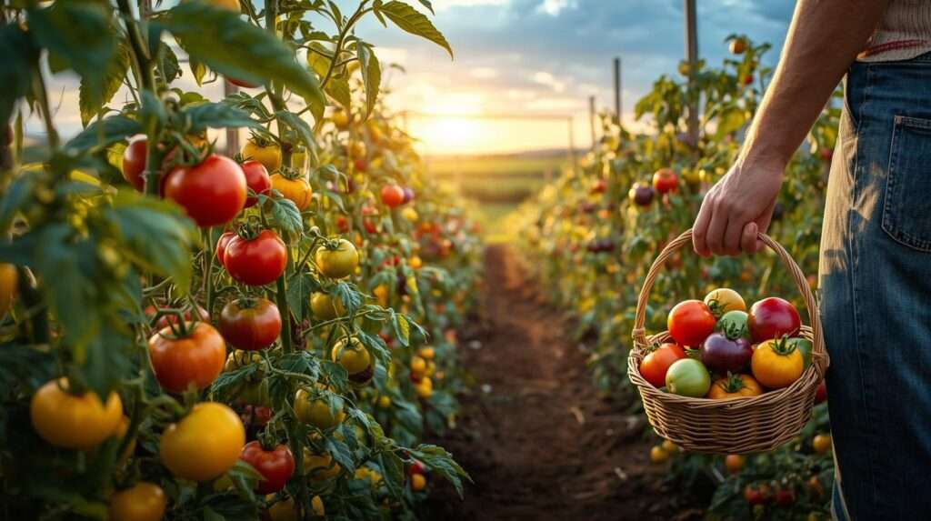 Farmer with a basket of red, yellow, purple, and green rainbow tomatoes in a lush garden under a sunrise, highlighting vibrant colorful tomato varieties.