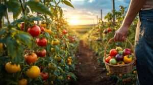 Farmer with a basket of red, yellow, purple, and green rainbow tomatoes in a lush garden under a sunrise, highlighting vibrant colorful tomato varieties.