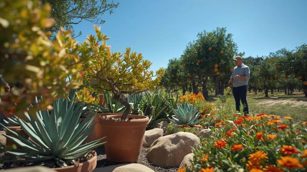 Vibrant garden with potted succulents, blooming orange flowers, and ripe orange trees under a clear blue sky; person inspecting plants in a lush horticultural setting.