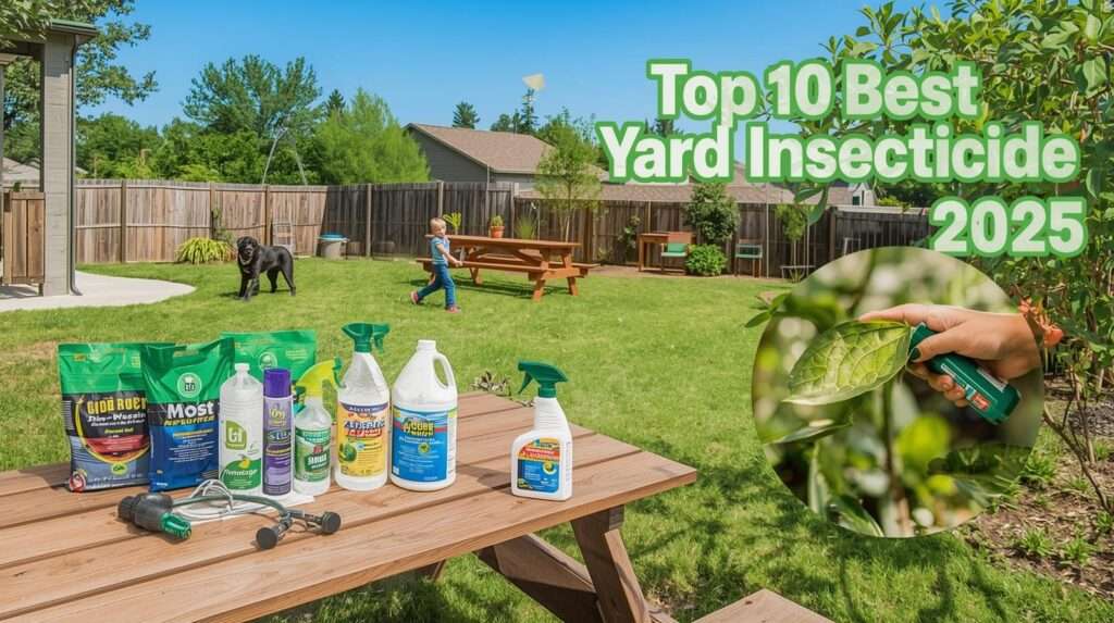 Vibrant backyard with best yard insecticide products (granules, sprays) on a picnic table, safe for kids and pets. Hand sprays leaf, showing pest control success. Text: "Top 10 Best Yard Insecticide 2025". Green lawn, blue sky.