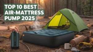 Serene campsite at dawn with a perfectly inflated air mattress using a best air mattress pump, surrounded by camping gear like a lantern and coffee mug. A hand activates the pump as soft sunlight glows. Text: "Top 10 Best Air Mattress Pump 2025" in green-outlined white, ideal for outdoor enthusiasts.