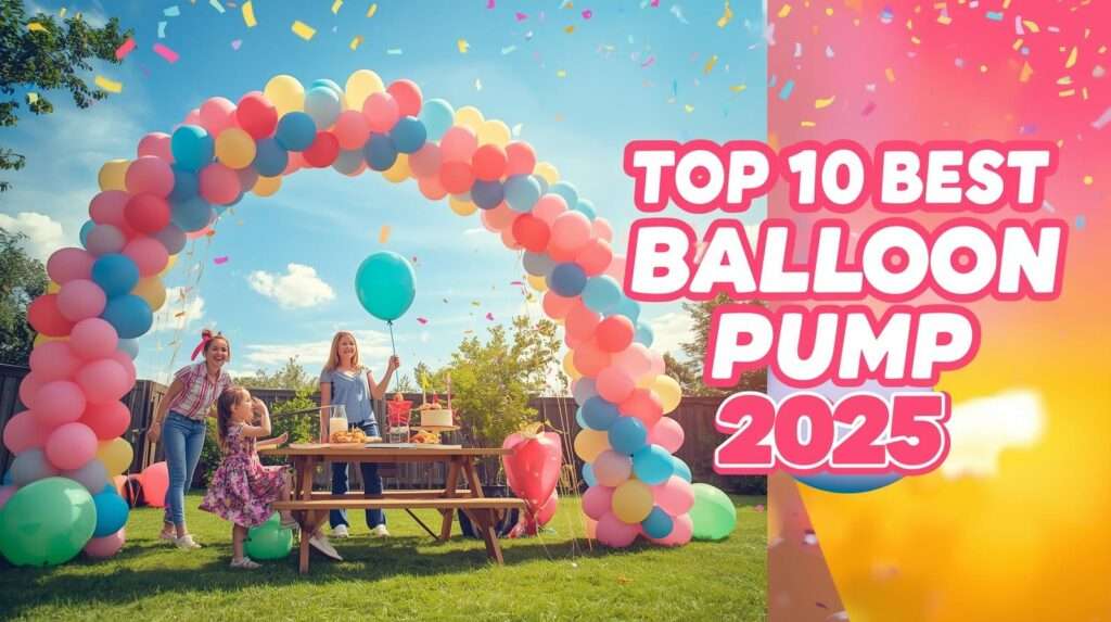 Vibrant outdoor party with a stunning balloon arch inflated by a best balloon pump, a smiling host, child with balloon animal, and confetti. Close-up shows pump in action with golden glow.