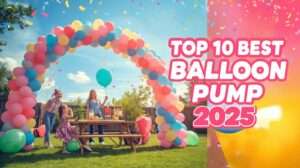 Vibrant outdoor party with a stunning balloon arch inflated by a best balloon pump, a smiling host, child with balloon animal, and confetti. Close-up shows pump in action with golden glow.